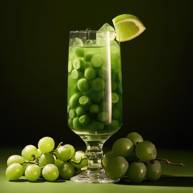 A glass of green juice with aloe pieces ice cubes lemon and green grapes