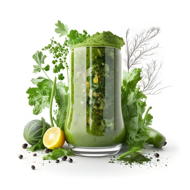 A glass of green juice with a bunch of vegetables on it