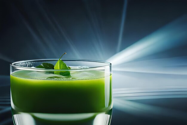 a glass of green juice with a leaf on it