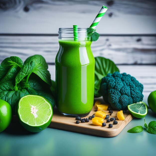 A glass of green juice with some green leaves and a few other fruits on a wooden board