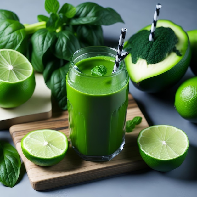 A glass of green juice with a straw and a few other fruits on a cutting board.