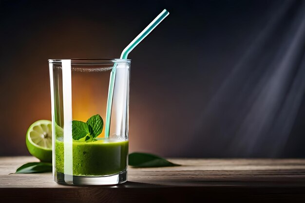 Photo a glass of green juice with a straw in it and a straw in the middle.