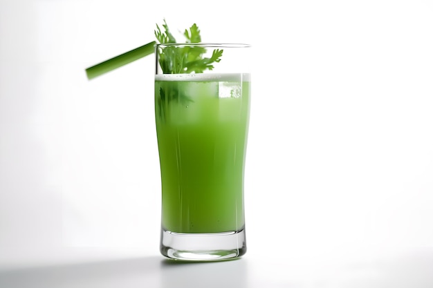 A glass of green juice with a straw in it