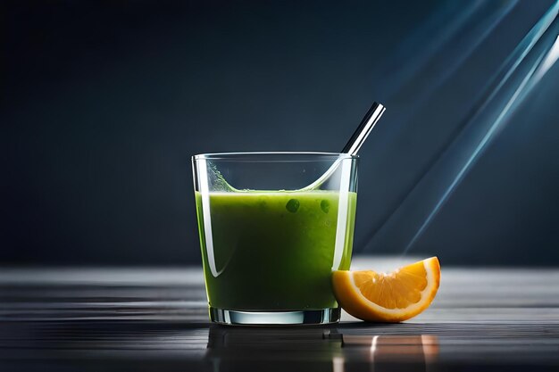 Photo a glass of green juice with a straw and orange slice next to it.