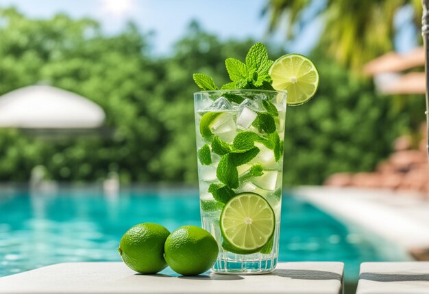 Glass of green lime mojito with mint and ice near swimming pool Generative AI