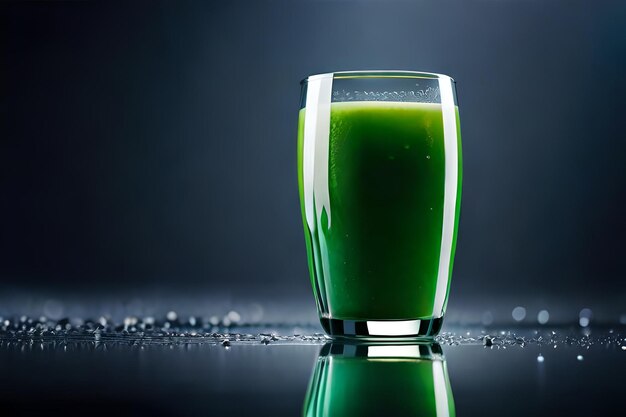 초록색 액체 한 잔이 검은색 배경에 앉아 있습니다.