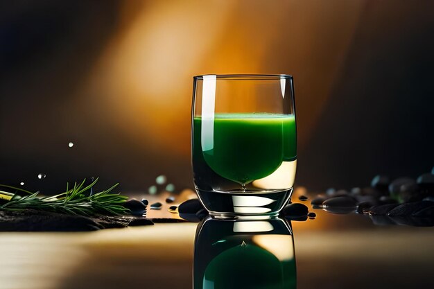 그 안에 녹색 불이 있는 녹색 액체 한 잔.