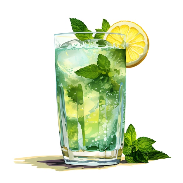 Склянка зеленой жидкости с листьями мяты и кусочком лимона.