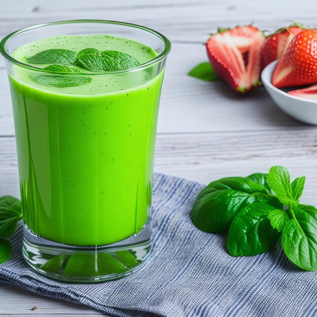 A glass of green smoothie next to a bowl of strawberries.