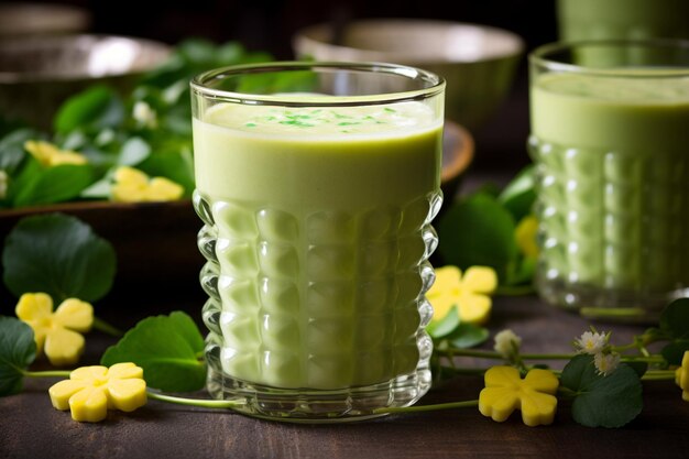 A glass of green smoothie surrounded by shamrocks