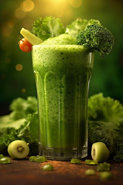 Photo a glass of green smoothie with a bunch of vegetables on it