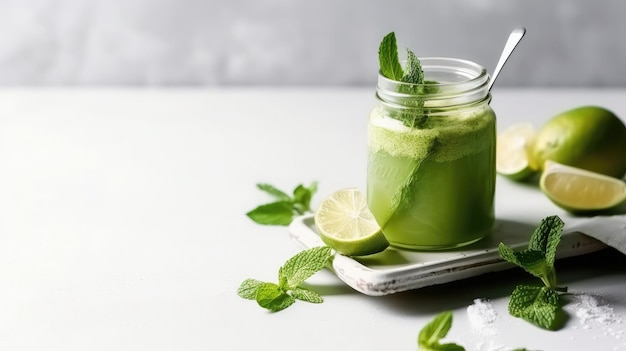 A glass of green smoothie with mint leaves on a white table.