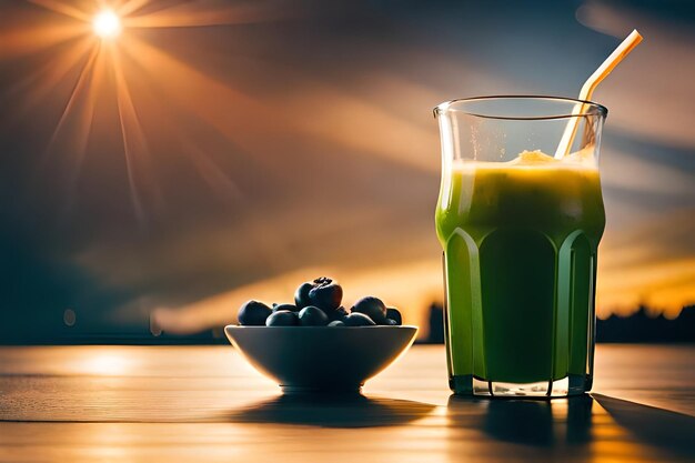 a glass of green tea with a bowl of fruit and a bowl of olives.