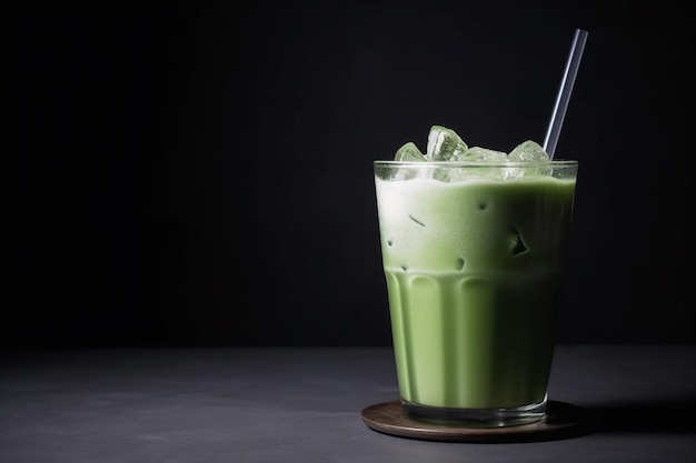 A glass of green tea with ice cubes on a black background.