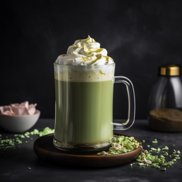 A glass of green tea with whipped cream and a bowl of marshmallows.