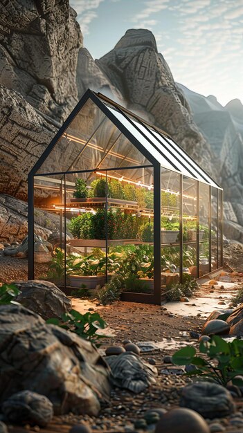 Photo glass greenhouse in rocky mountains