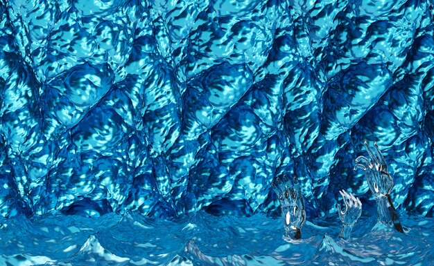 파란색 배경에서 바다에 익사하는 유리 손 추상적인 구성 개념 3D 일러스트레이션 또는 3D 렌더링