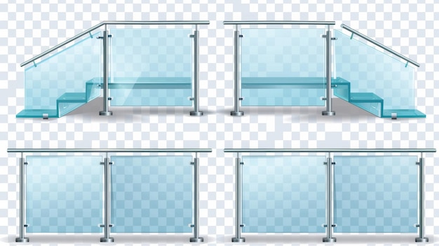 Photo the glass handrails set is isolated on a transparent background this modern illustration is of a 3d plastic barrier stairs balustrade plexiglass fence to be installed on metal poles for balconies