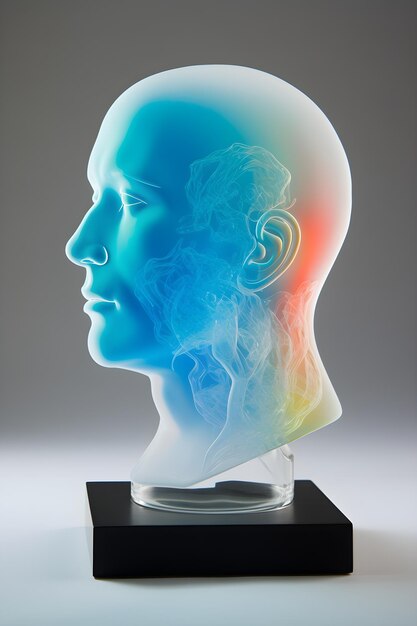 Photo a glass head sculpture with the word brain on it.