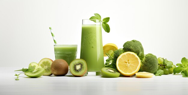 Glass of healthy green juice and fresh fruits on white background Created with Generative AI technology