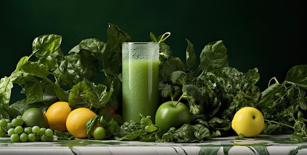 Glass of healthy green juice and fresh fruits on white background Created with Generative AI technology