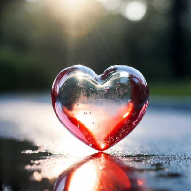 Glass heart on the road reflecting in wet asphalt Sun shining from behind Valentine's Day love theme