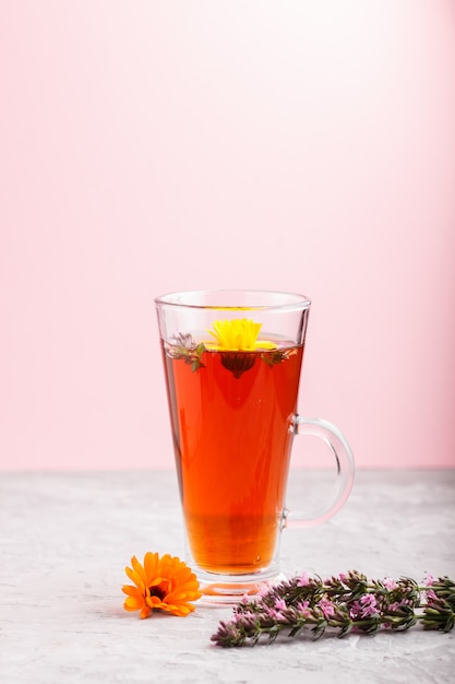 Glass of herbal tea with calendula and hyssop on a gray and pink