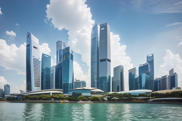 Glass high skyscrapers in the center of singapore on the waterfront