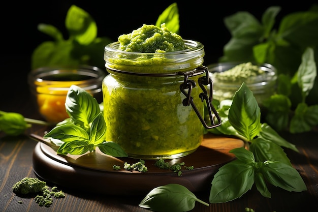 Glass of Homemade Basil Pesto Sauce