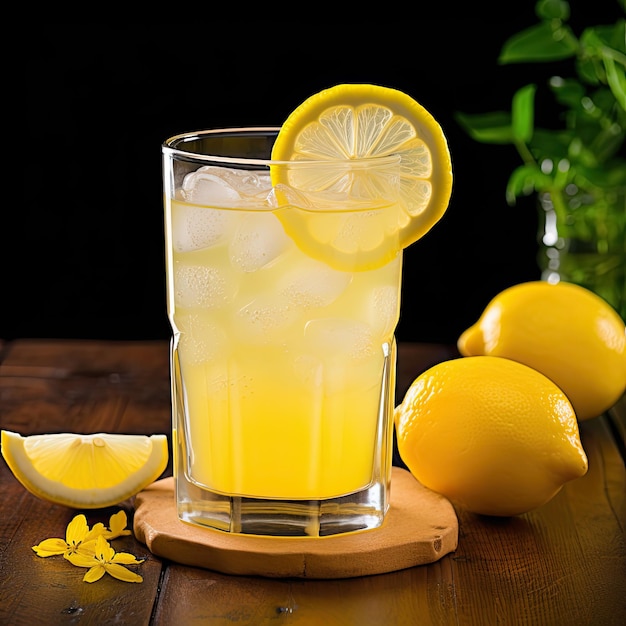 A glass of homemade lemonade garnished with a lemon slice