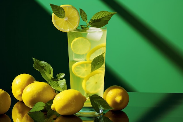 緑の背景にミントの葉を添えた自家製レモネードのグラス 新鮮な夏のレモンソーダドリンク