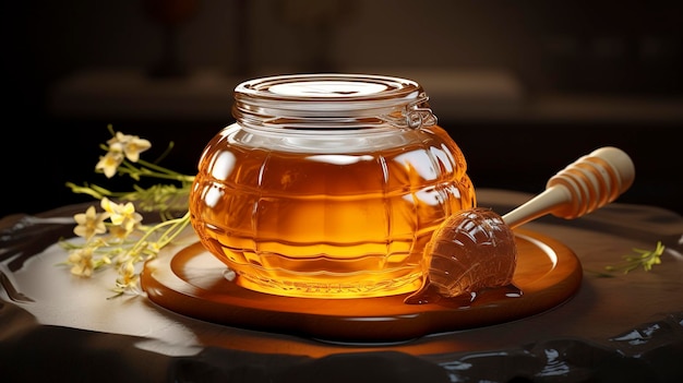 A glass honey pot with a sealed lid
