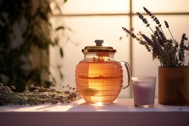 Glass Of Honey Tea With Lavender Leaves