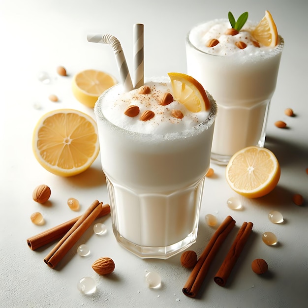 Photo a glass of horchata drink on a light background