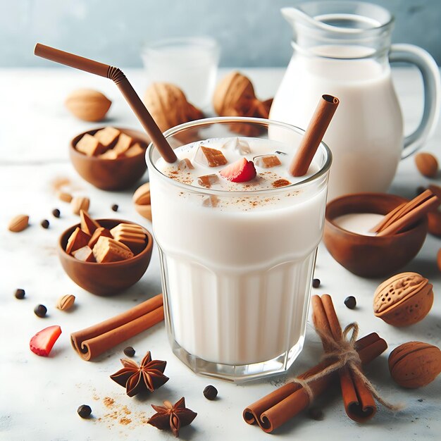 Photo a glass of horchata drink on a light background