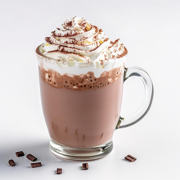 A glass of hot chocolate with whipped cream and chocolate pieces.