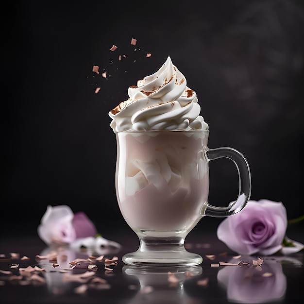 A glass of hot chocolate with whipped cream and flowers on the table.