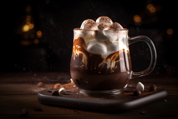 A glass of hot chocolate with whipped cream and marshmallows on top