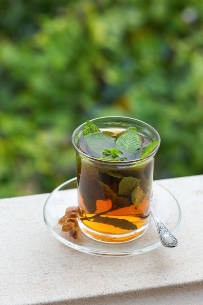 Glass of hot mint tea traditional moroccan moorish beverage