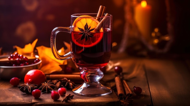 A glass of hot mulled wine with cinnamon sticks and cinnamon sticks on a table.