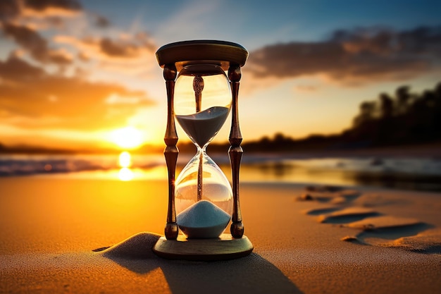 A glass hourglass is keeping time and is placed on a beautiful beach at sunset