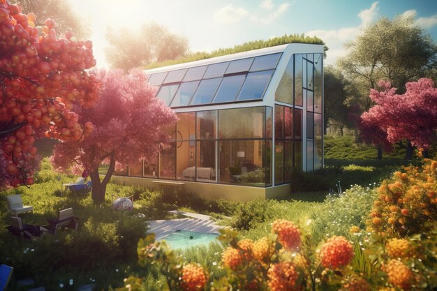 Стеклянный дом в цветущем саду на фоне голубого неба, созданный искусственным интеллектом