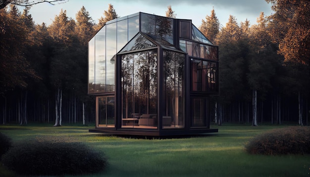 Glass house of the future made of wood and glass Generate Ai