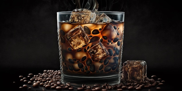 The glass of Ice Americano coffee in the black background with AI generated