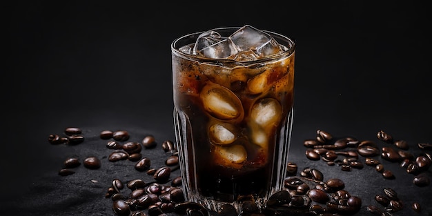 The glass of Ice Americano coffee in the black background with AI generated