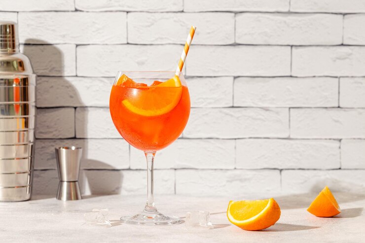 Glass of ice cold Aperol spritz cocktail