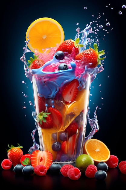 a glass of ice cream with a bunch of fruit in it