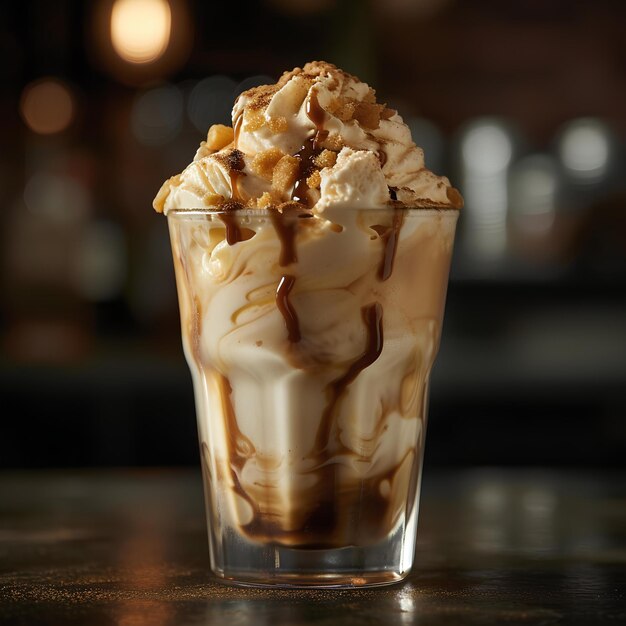 A glass of ice cream with caramel and nuts on top of it on a table in a restaurant