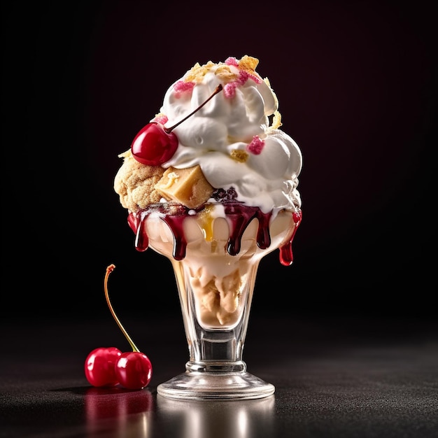 a glass of ice cream with cherries on it and cherries in it.