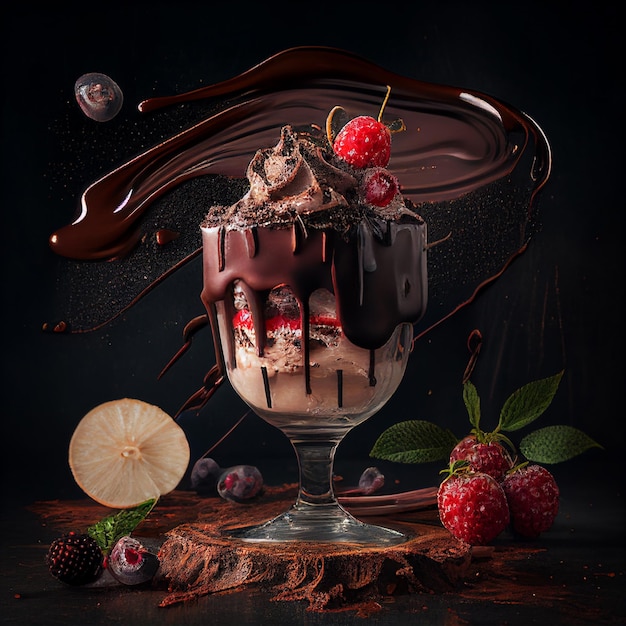 A glass of ice cream with a chocolate sauce and berries on it.